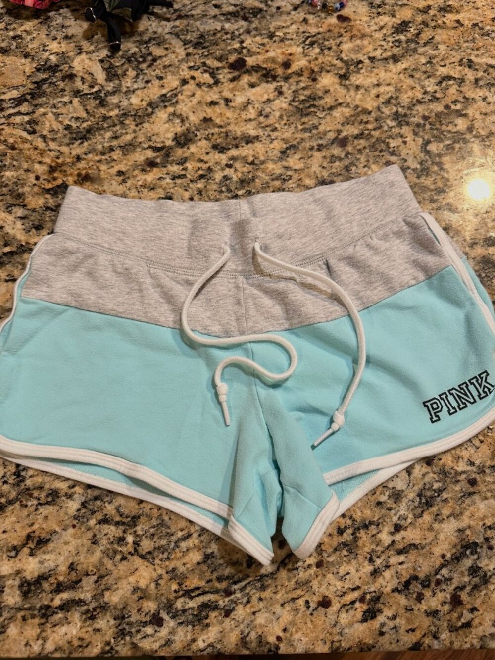 Victoria’s Secret PINK Varsity Shorts Light Blue Grey Waistband Logo Size XS
